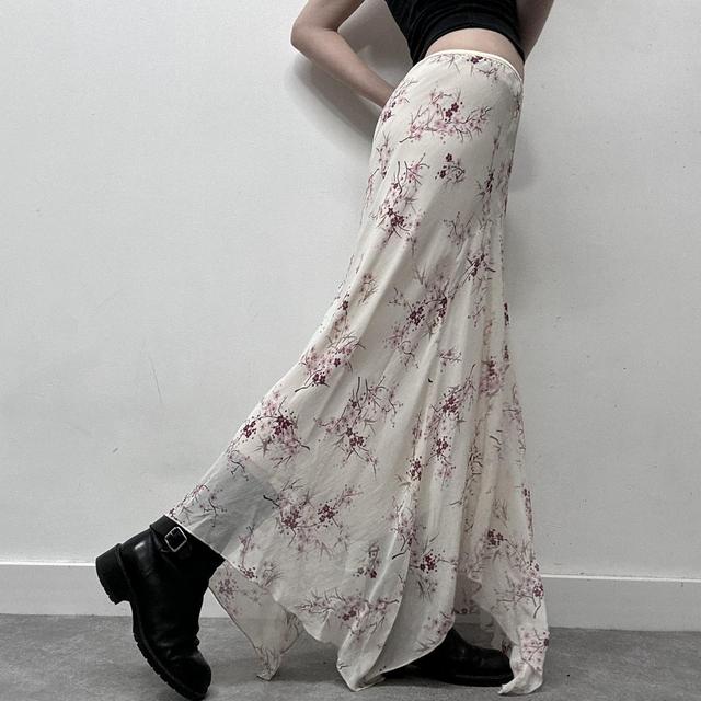 Sheer cream floral asymmetric maxi skirt