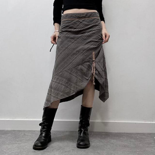 Brown pinstripe asymmetric midi skirt