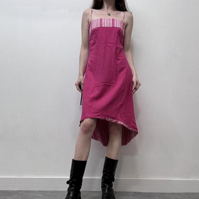 Y2k pink linen pinstripe dress
