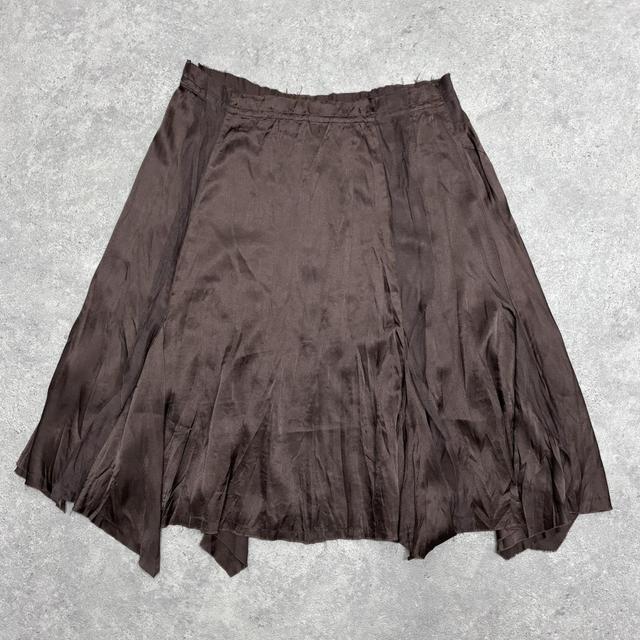 Brown satin asymmetric ribbon midi skirt