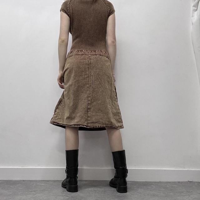 Brown distressed cable knit cargo denim dress
