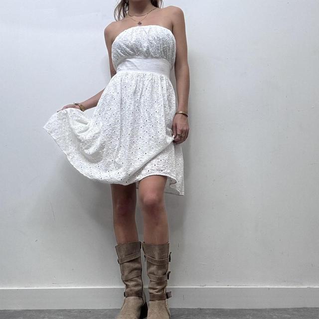 White embroidered cotton puff boob tube dress