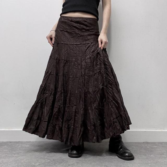 Brown satin flared maxi skirt