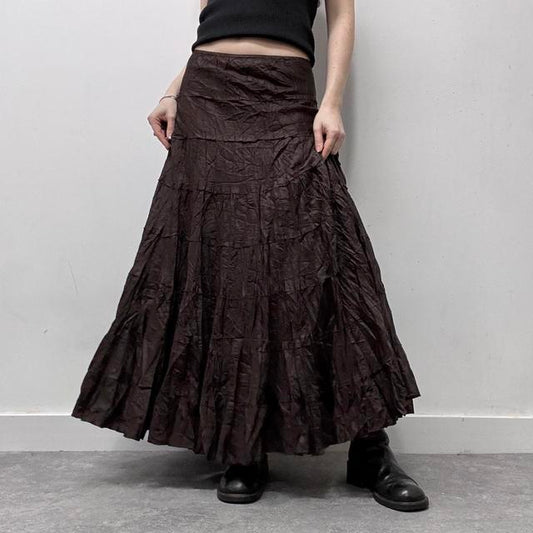 Brown satin flared maxi skirt