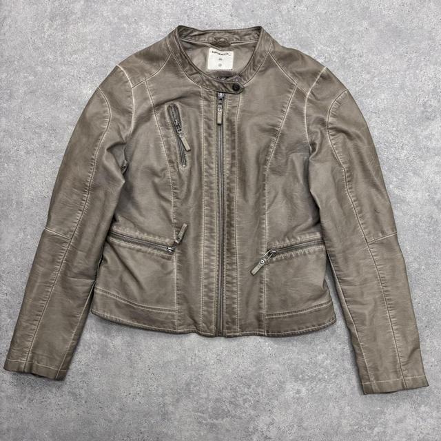 Distressed khaki vegan leather jacket