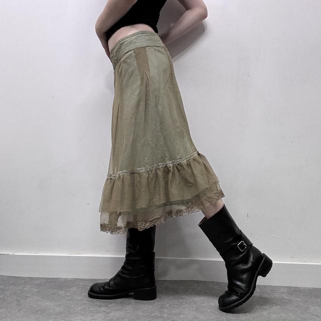 Green layered sheer mesh ruffle midi skirt