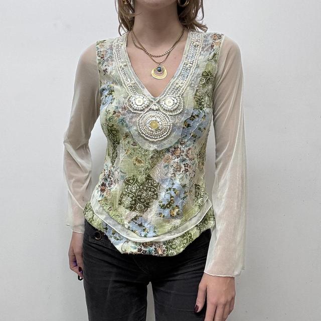 Flared fairy floral sheer mesh top