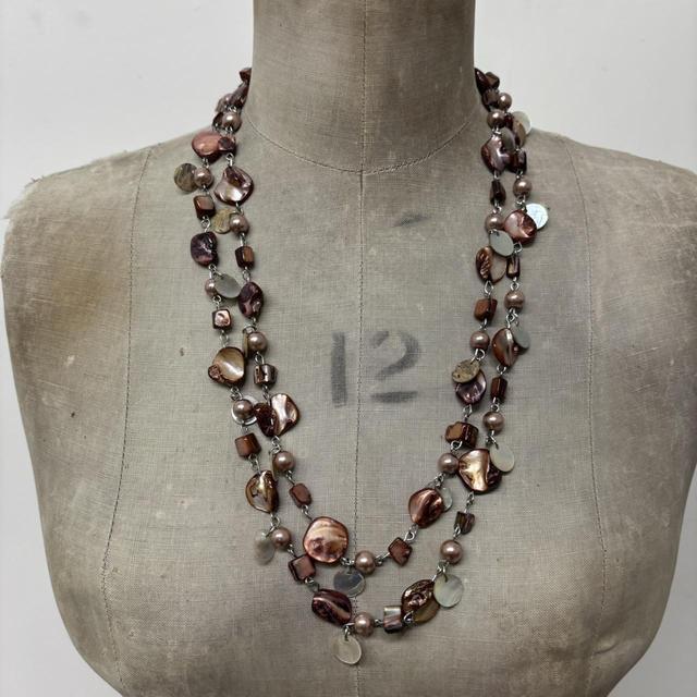 Brown layered chain pearl necklace