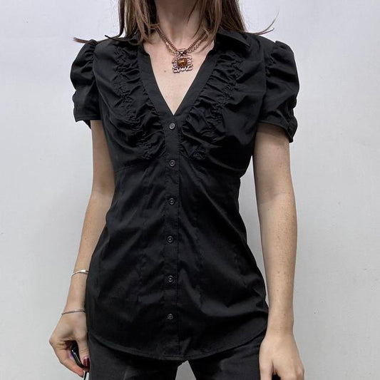 Gathered cinched black puff shirt