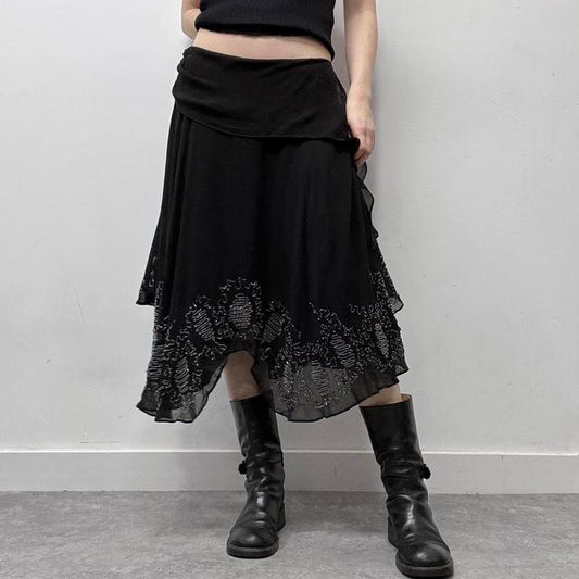 Flared layered beaded silk drape skirt