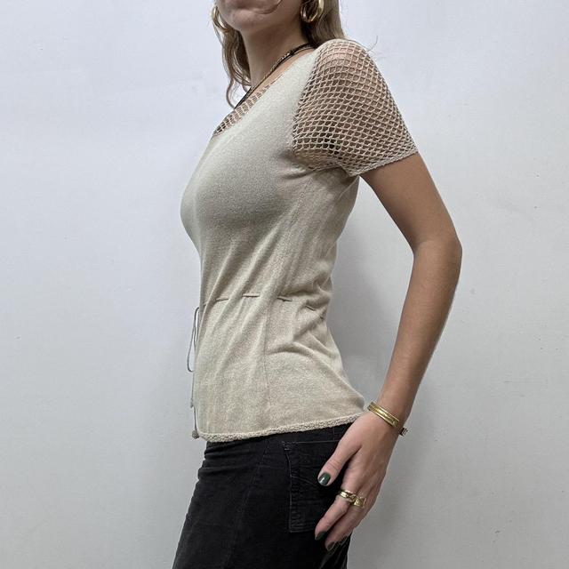 Brown sheer lace crochet bow knit top