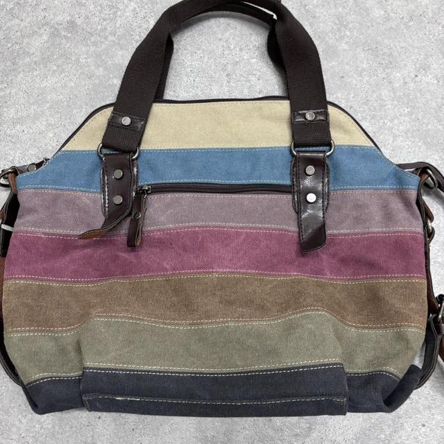 Striped canvas leather shoulder bag