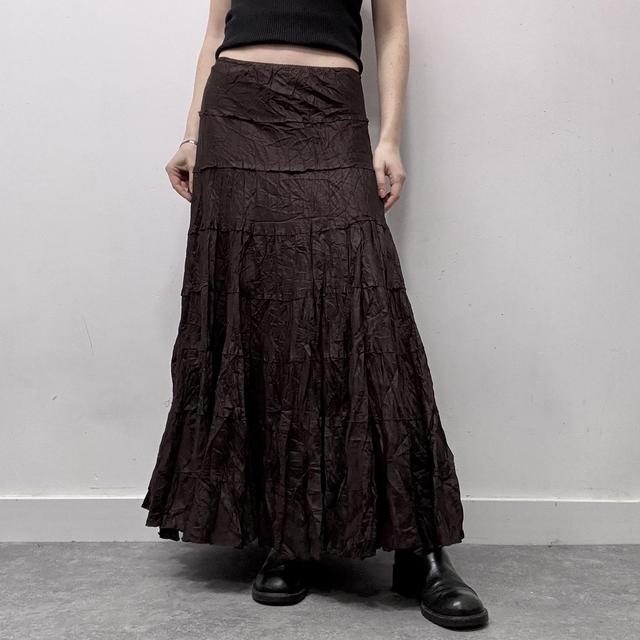 Brown satin flared maxi skirt