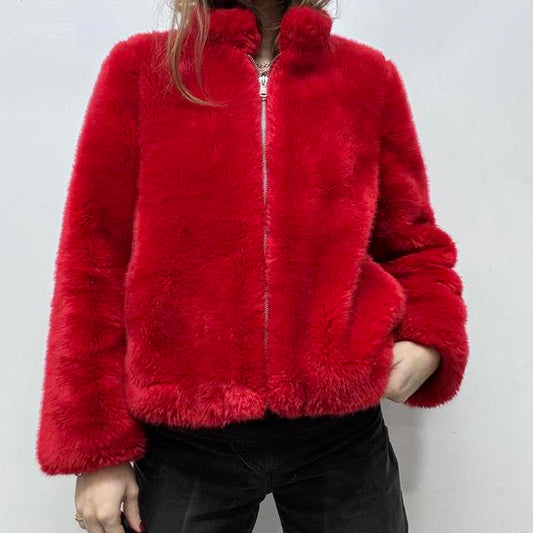 Red faux fur jacket