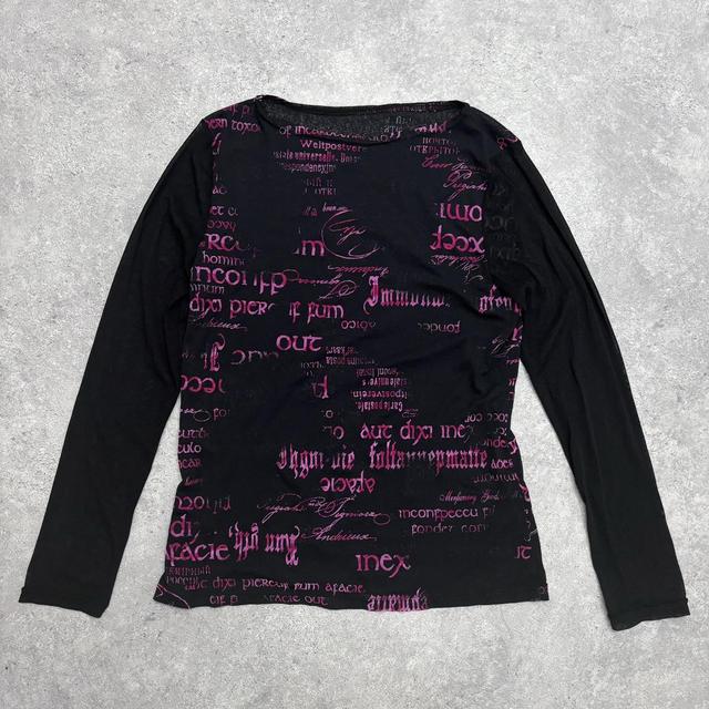 Sheer black micro mesh text top