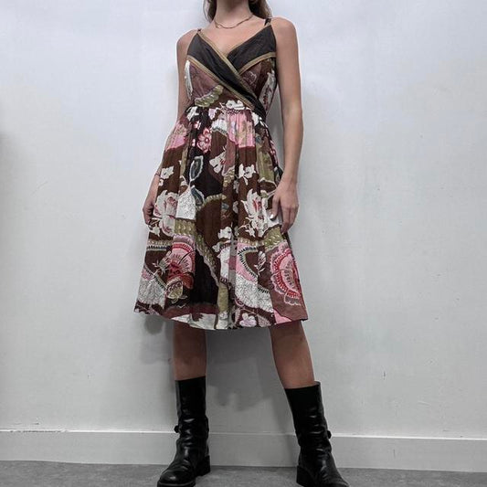 Brown floral derhy pleated dress