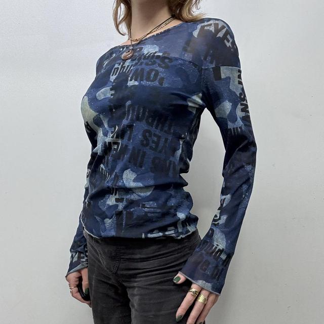 Sheer blue micro mesh text top