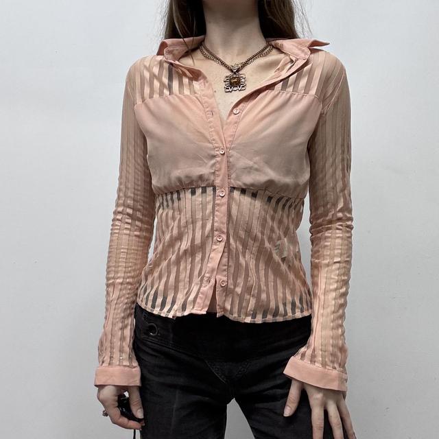 Pink mesh pinstripe sheer flared shirt