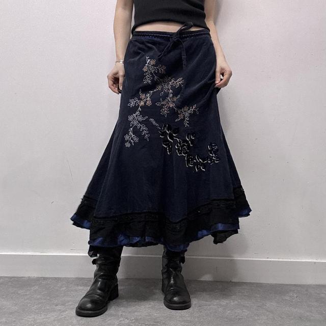 Navy corduroy embroidered ruffle maxi skirt