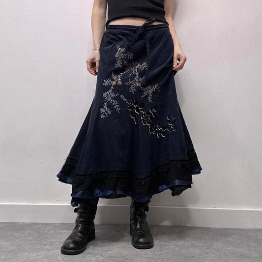 Navy corduroy embroidered ruffle maxi skirt