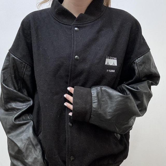 Black leather varisty bomber jacket