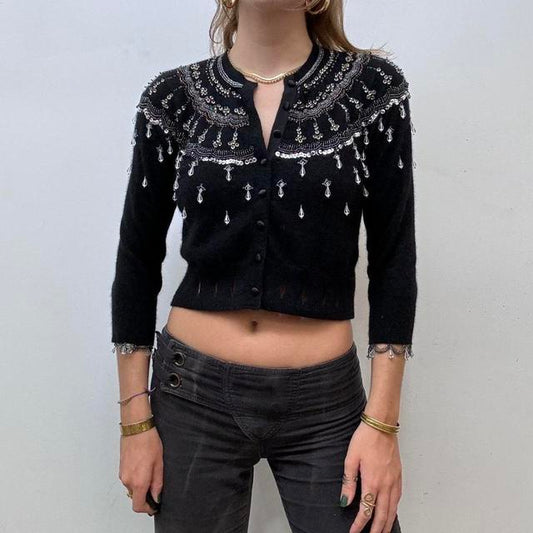 Black cropped beaded cardigan
