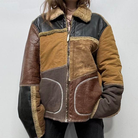 Leather sheepskin patchwork jacket