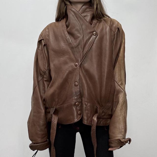 Brown leather batwing biker jacket