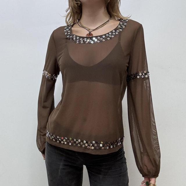 Sheer mesh brown puff sleeve blouse