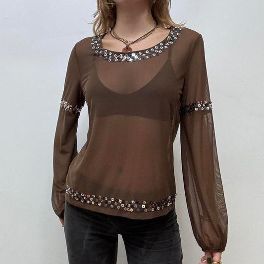 Sheer mesh brown puff sleeve blouse