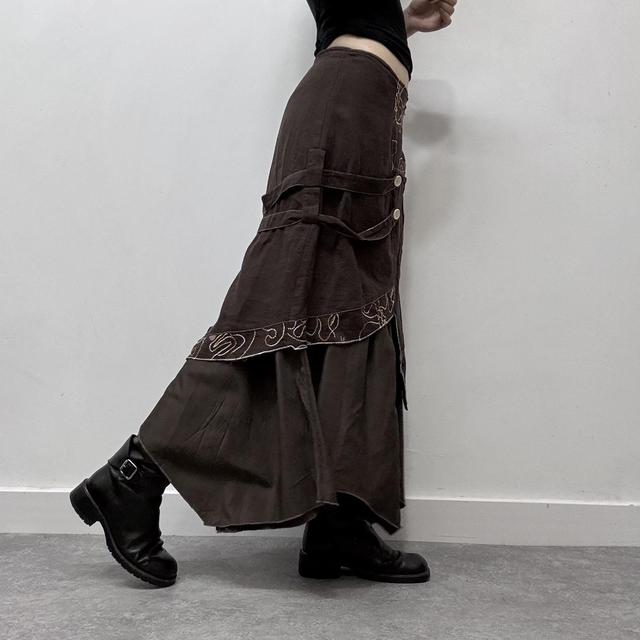 Brown layered embroidered maxi skirt
