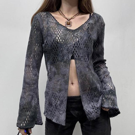 Distressed lace ultra flare top
