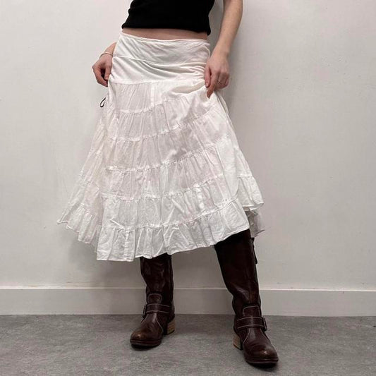 White cotton tiered midi skirt
