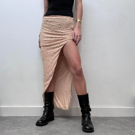 High slit beaded tan maxi skirt