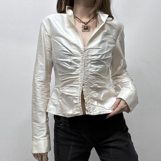 Cream gathered silk flared shirt