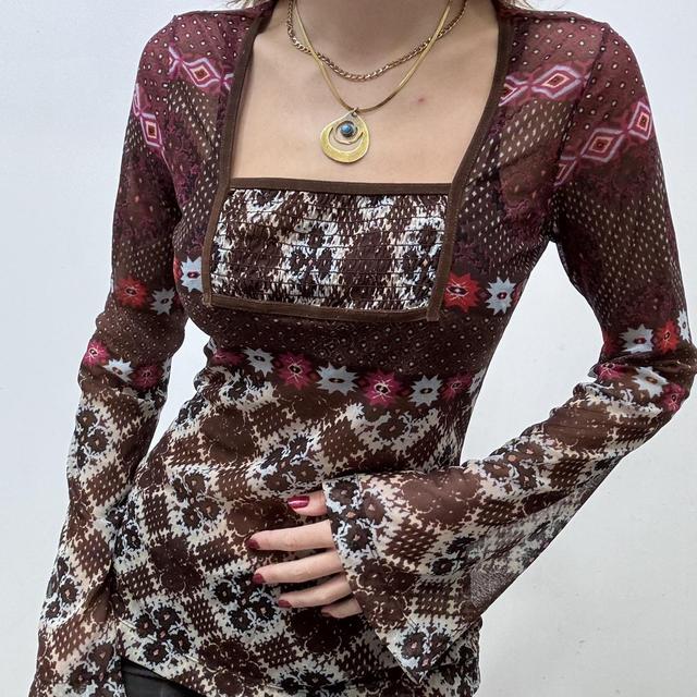 Graphic printed y2k flared mesh shirt