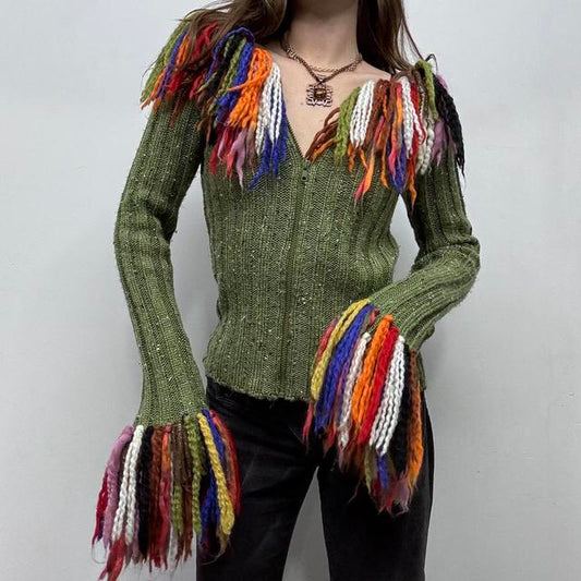 Ribbed knit tassel flared cardigan