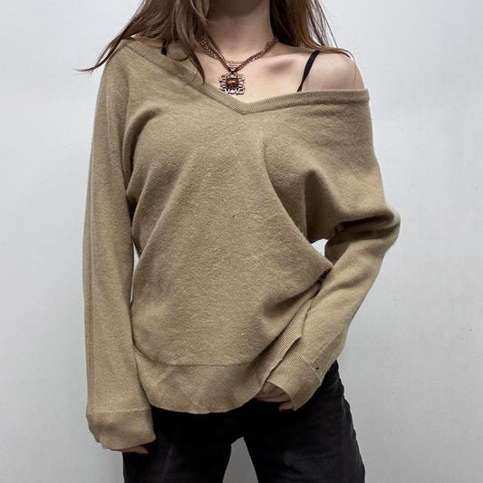 Tan off the shoulder slouchy cashmere jumper