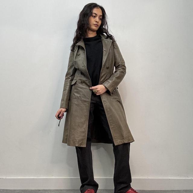 Khaki leather trench coat