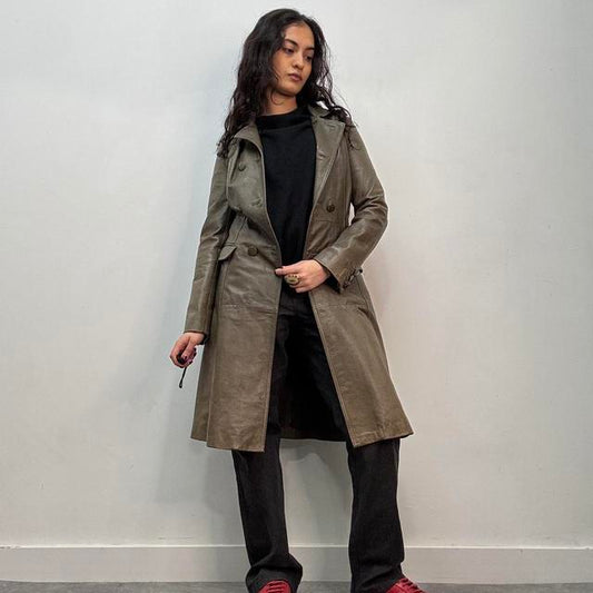 Khaki leather trench coat