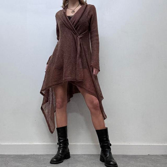 Brown sheer watefall pointelle knit fairy cardigan