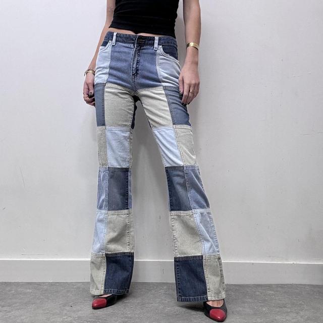 Denim corduroy patched flared jeans