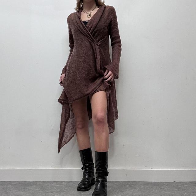 Brown sheer watefall pointelle knit fairy cardigan
