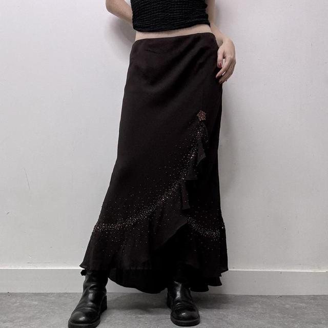 Brown ruffle flared maxi skirt