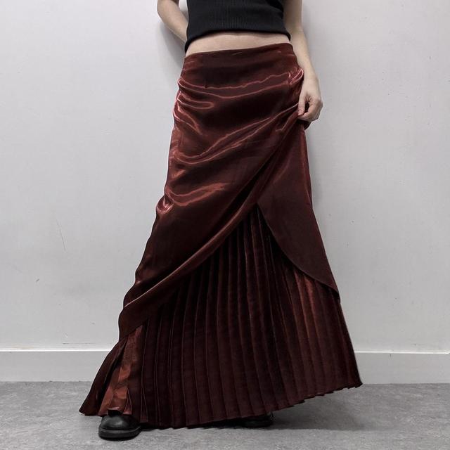 Red layered pleated maxi skirt