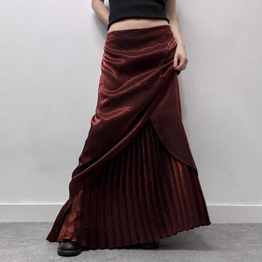 Red layered pleated maxi skirt