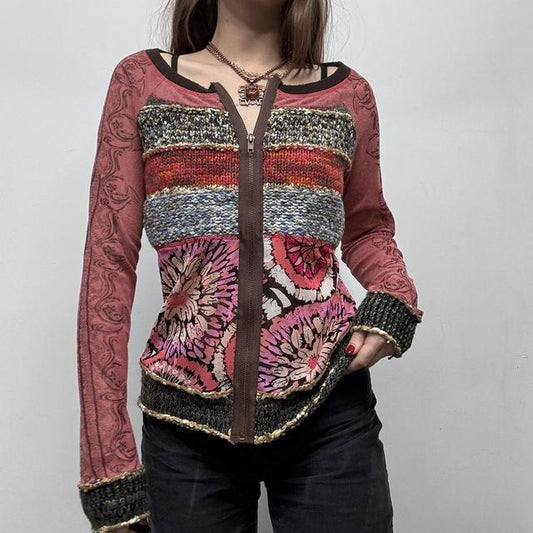Graphic patterned sheer zip cardigan
