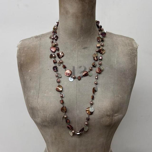 Brown layered chain pearl necklace