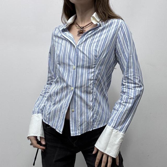 Blue pinstripe flared office shirt