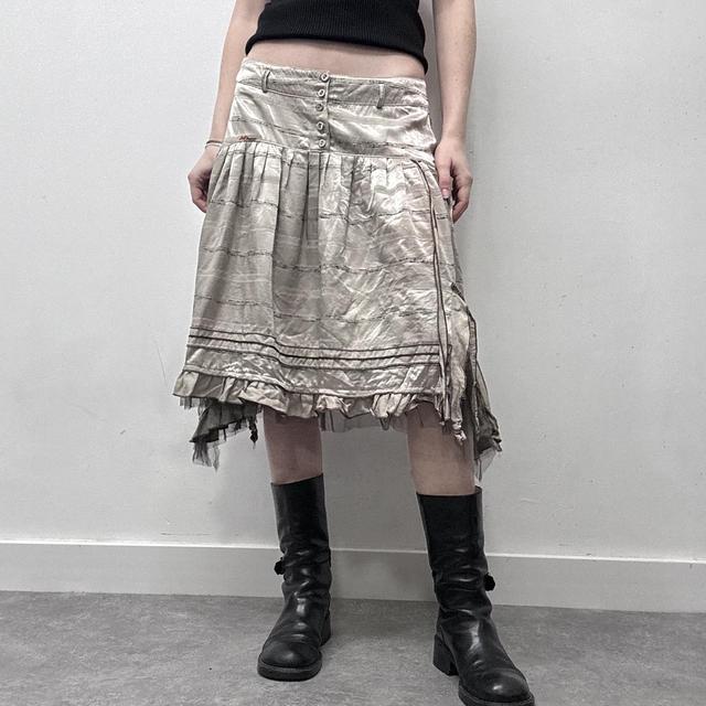 Pinstripe ruffle satin midi skirt
